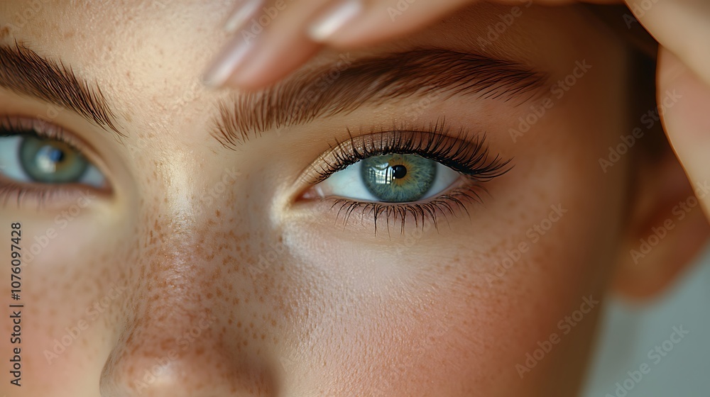 Fototapeta premium A close-up beauty shot of a girl adding final touches to her eyeliner wings, neutral background, even lighting for smooth skin highlight, hd quality, detailed and realistic makeup application,