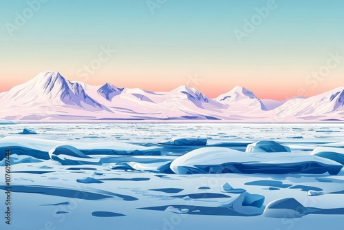 A vast expanse of frozen ice and snow with a mountain range in the background under a pastel sky. photo