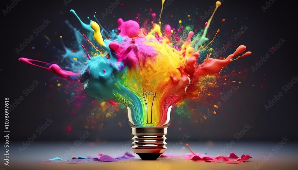 A vibrant explosion of colorful paint emerges from a lightbulb, symbolizing creativity and inspiration. A vibrant explosion of colorful paint emerges from a lightbulb, symbolizing creativity and inspiration.