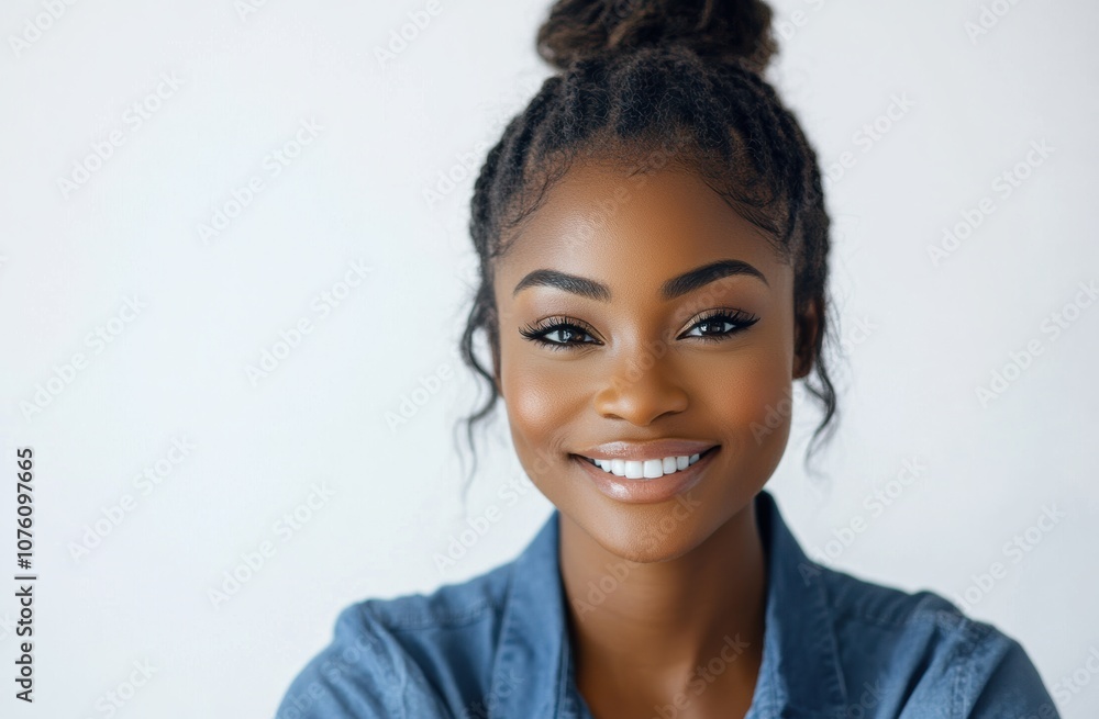 A close up of a happy smiling portrait black woman with simple hair and a joyful smile in a vivid colorful shirt on clear white background. A close up of a happy smiling portrait black woman with simple hair and a joyful smile in a vivid colorful shirt on clear white background.