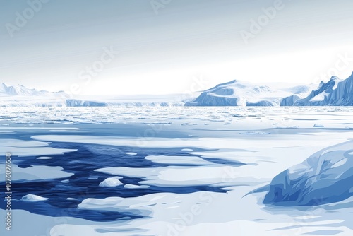 A vast, icy landscape stretches out under a hazy sky, featuring frozen water, snow-capped mountains, and the vastness of the Arctic. photo