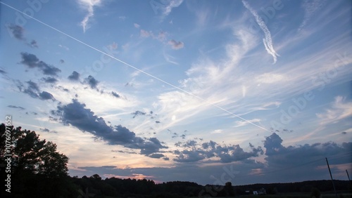 Gossamer threads of cloud suspended in mid-air against a backdrop of deepening twilight, atmospheric, darkening, ambient, soft focus photo