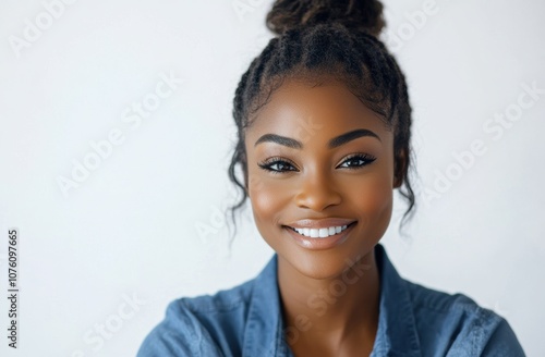 A close up of a happy smiling portrait black woman with simple hair and a joyful smile in a vivid colorful shirt on clear white background.