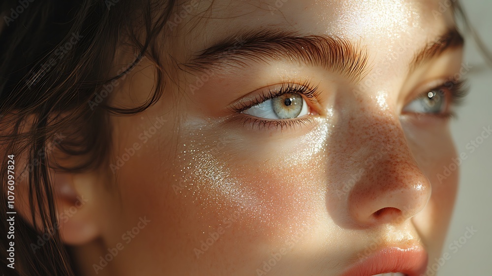 Fototapeta premium A close-up of a girl applying highlighter on her cheekbones, neutral background adding elegance, light emphasizing the shimmer, hd resolution, realistic makeup detail, professional photo,