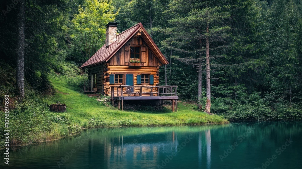 A realistic photo of a cozy wooden cabin deep in the woods with a small pond in Front of it, cozy A realistic photo of a cozy wooden cabin deep in the woods with a small pond in Front of it, cozy