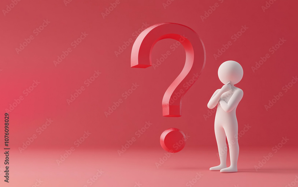 3D Faceless Figure Thoughtfully Posing Next to a Large Red Question Mark Against Red Background 3D Faceless Figure Thoughtfully Posing Next to a Large Red Question Mark Against Red Background