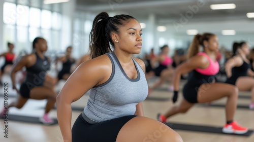 Energetic fitness class in action, showcasing a diverse group in synchronized motion, embodying strength, endurance, and unity. photo