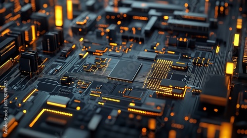 Futuristic Printed Circuit Board with Electronic Chip photo