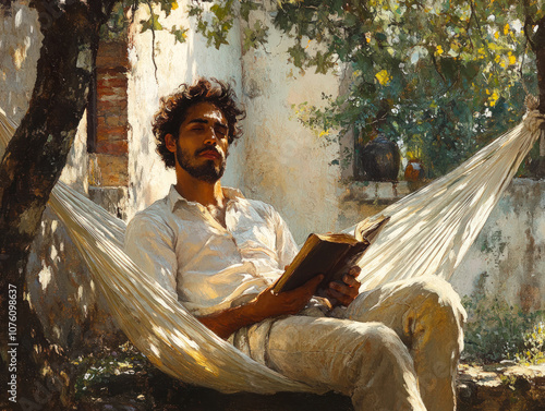 Man Relaxing in Hammock Reading Outdoors 