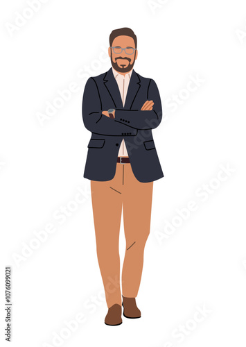 Businessman standing in confident pose with his arms crossed. Business man wearing smart casual office attire. Vector illustration isolated on transparent background