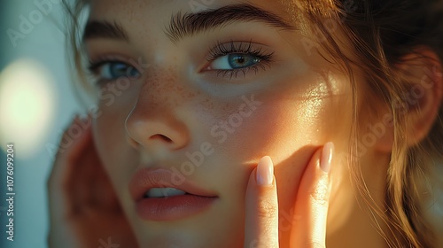 A girl applying primer to her face with fingers, neutral background for minimal distraction, light casting subtle shadows, hd quality, realistic photo, clear focus on makeup application, photo