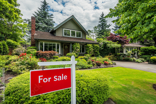 Suburban House with For Sale Sign in Front Yard, Charming Suburban Home for Sale with Yard Sign, Real Estate Opportunity: Suburban House on Sale. photo