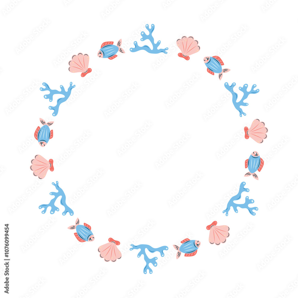 Round sea frame with fish shells and corals. Blue coral and fish and white background. For postcards and posters. Vector illustration. Round sea frame with fish shells and corals. Blue coral and fish and white background. For postcards and posters. Vector illustration.