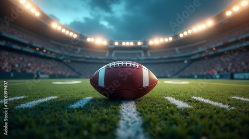 Night game football scene with illuminated stadium