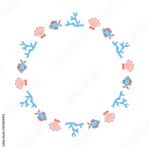 Round sea frame with fish shells and corals. Blue coral and fish and white background. For postcards and posters. Vector illustration.