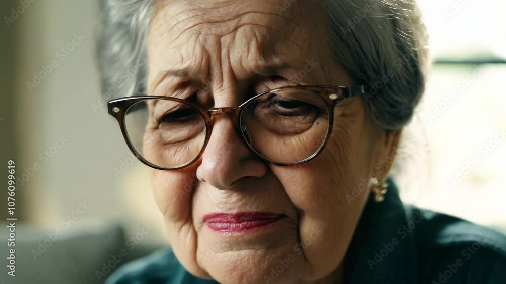 Static video, natural window light, close-up of older woman with glasses expressing disappointment turning to acceptance. Static video, natural window light, close-up of older woman with glasses expressing disappointment turning to acceptance.