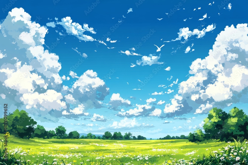 Fototapeta premium A vast green meadow with white flowers and a blue sky dotted with fluffy clouds.