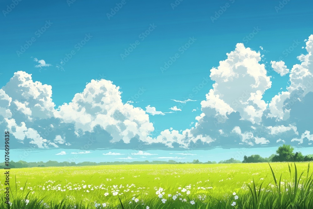 Obraz premium A vast, green field dotted with white wildflowers stretches out under a bright blue sky with fluffy white clouds.