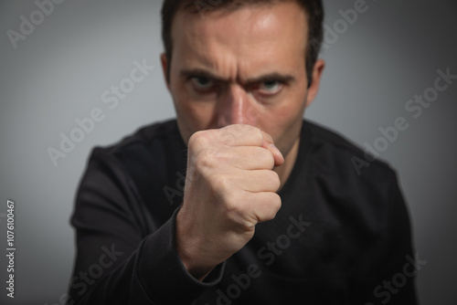 Caucasian angry and aggressive man threatening with fist. photo