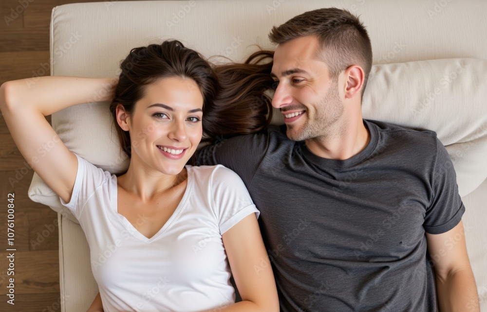 Happy Couple Relaxing on Beige Sofa in Cozy Living Room, Perfect for Romantic Home Decor or Relationship Concepts Happy Couple Relaxing on Beige Sofa in Cozy Living Room, Perfect for Romantic Home Decor or Relationship Concepts
