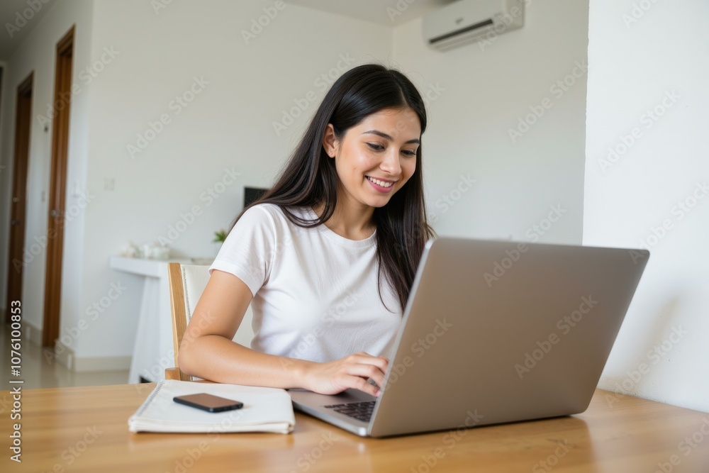 Young Woman Working on Laptop in Cozy Living Room, Perfect for Remote Work or Study Concepts, Ideal for Online Business or Education Themes Young Woman Working on Laptop in Cozy Living Room, Perfect for Remote Work or Study Concepts, Ideal for Online Business or Education Themes