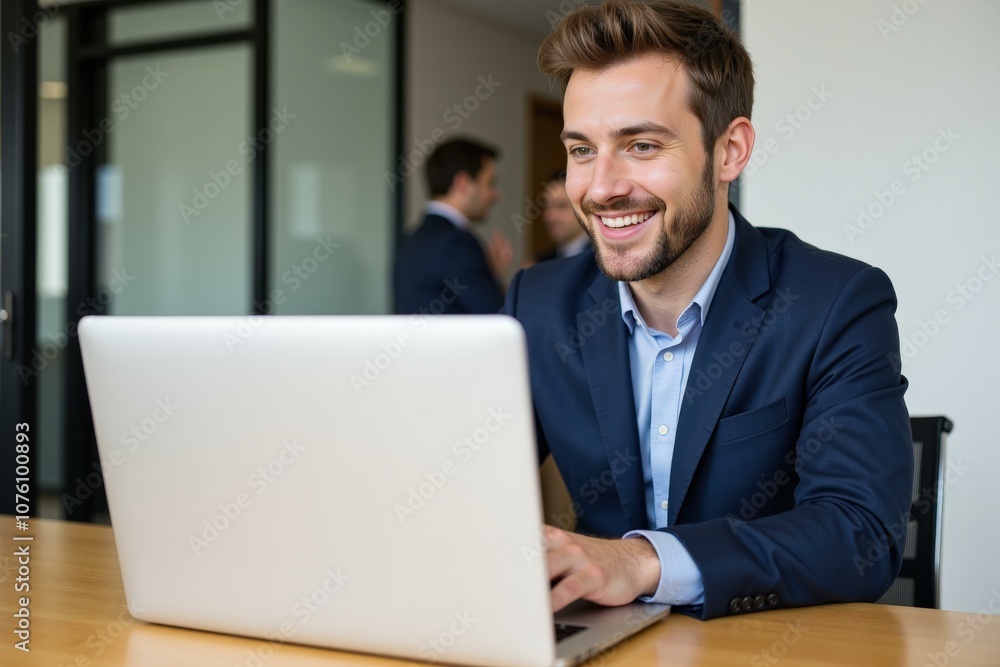Professional Man in Business Suit Using Laptop in Office Setting, Ideal for Business Marketing, Website Design, and Corporate Branding Professional Man in Business Suit Using Laptop in Office Setting, Ideal for Business Marketing, Website Design, and Corporate Branding
