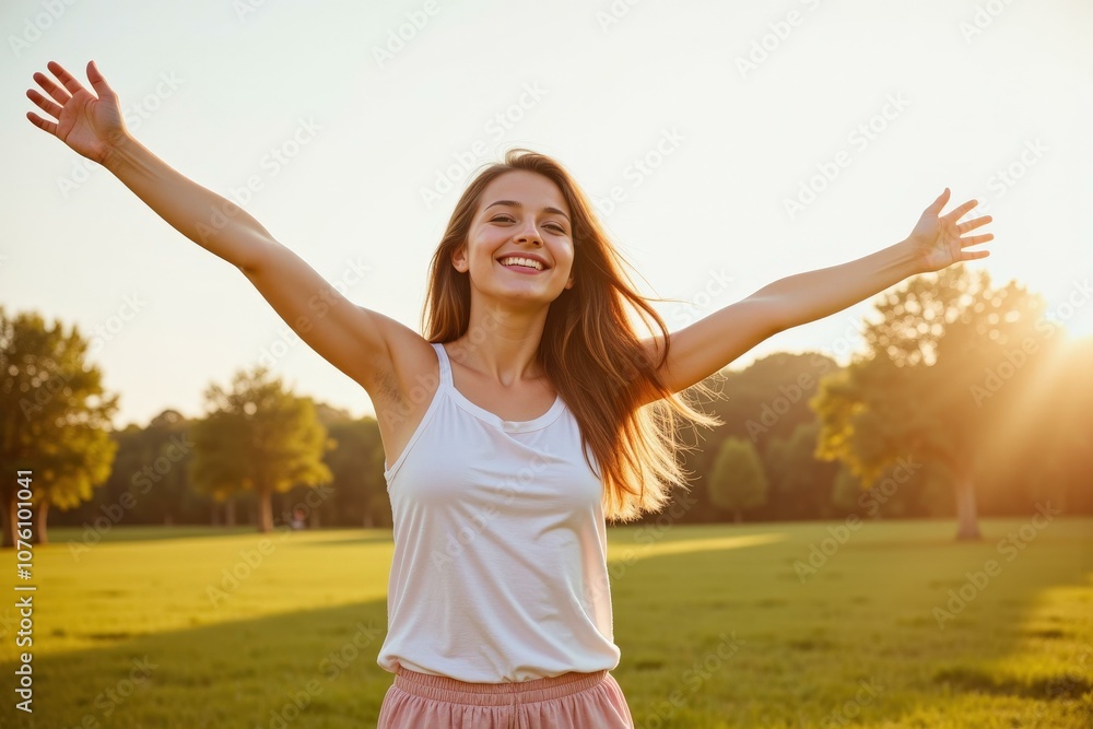 Joyful Young Woman in Park at Sunset, Arms Raised, Expressing Freedom and Happiness, Perfect for Inspirational and Motivational Content Joyful Young Woman in Park at Sunset, Arms Raised, Expressing Freedom and Happiness, Perfect for Inspirational and Motivational Content