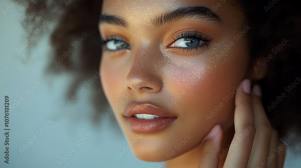A girl with a gentle smile adding highlighter to her cheekbones, neutral background, soft light highlighting her face, hd detail, clear and sharp focus on makeup application, A girl with a gentle smile adding highlighter to her cheekbones, neutral background, soft light highlighting her face, hd detail, clear and sharp focus on makeup application,