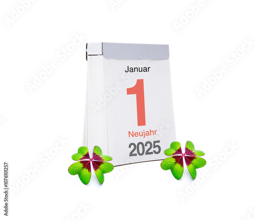 Kalenderblatt Neujahr 2025 vor weissem Hintergrund