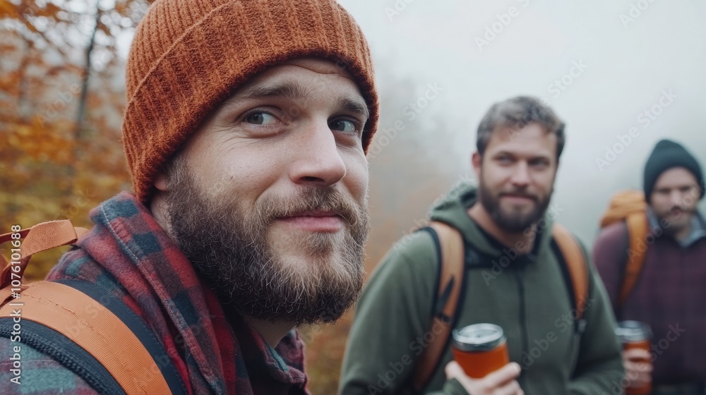 Three friends enjoy a misty autumn hike, sharing warm drinks and laughter, AI Three friends enjoy a misty autumn hike, sharing warm drinks and laughter, AI