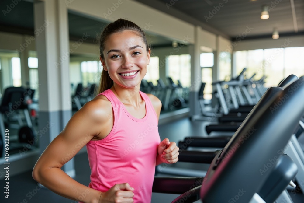Fototapeta premium Happy Young Woman Exercising on Treadmill in Modern Gym, Pink Tank Top, Fitness Motivation, Health and Wellness, Active Lifestyle