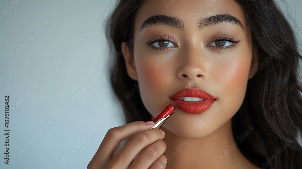 A young woman applying bold red lipstick with confidence, neutral background to emphasize her face, soft lighting highlighting her smooth skin, hd quality, realistic photo, focused expression, A young woman applying bold red lipstick with confidence, neutral background to emphasize her face, soft lighting highlighting her smooth skin, hd quality, realistic photo, focused expression,