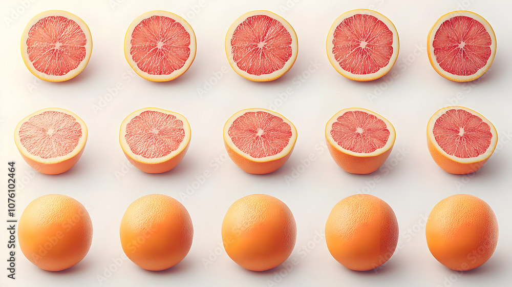 Pink Grapefruit Halves and Whole Fruit - Realistic 3D Illustration Pink Grapefruit Halves and Whole Fruit - Realistic 3D Illustration