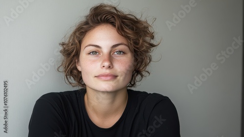 A serene portrait of a young person with clear eyes and an introspective gaze evokes depth and calm, set against a minimalist background.