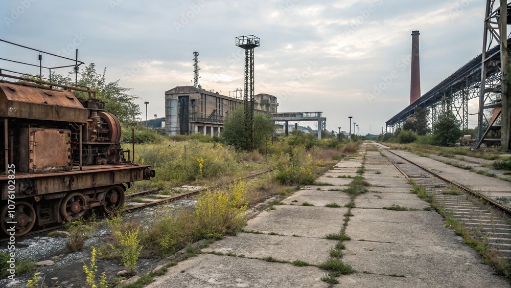 Obraz premium Industrial landscape with abandoned machinery, industrial equipment, manufacturing plant, concrete floor