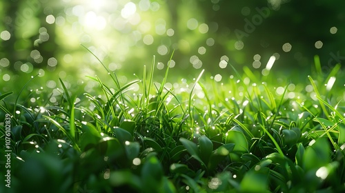 green lawn grass with morning dew at sunrise against the background of a defocused blur effect