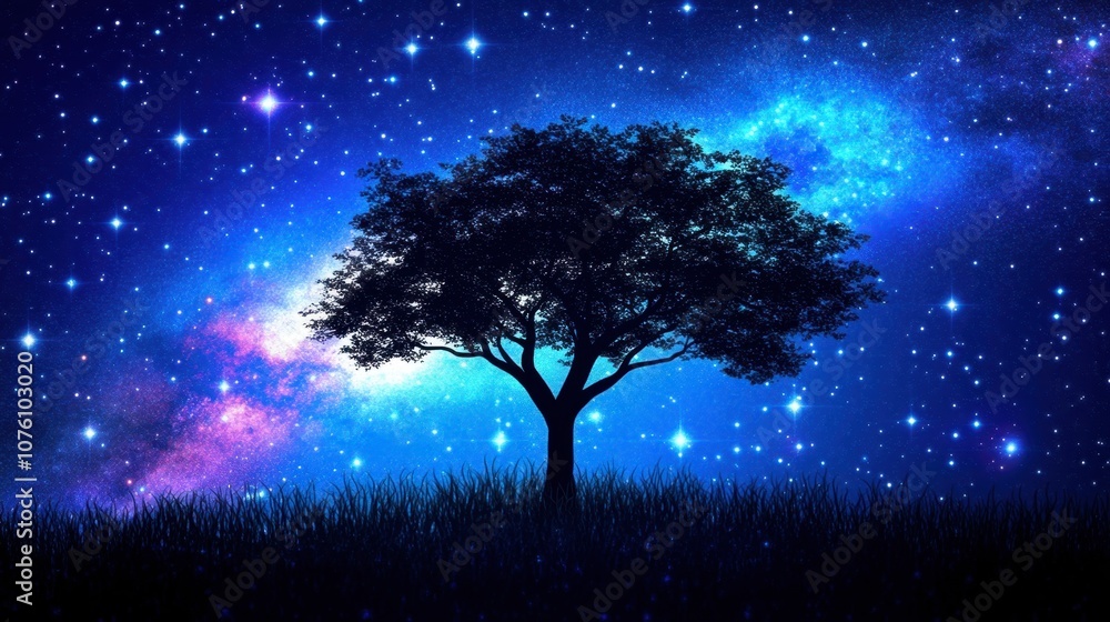 Majestic Tree Under a Colorful Starry Sky Majestic Tree Under a Colorful Starry Sky