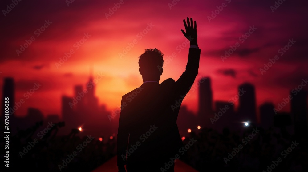Fototapeta premium Silhouette of a Man Waving on Red Carpet at Sunset with City Skyline