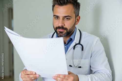 Professional Doctor Reviewing Medical Document in White Coat and Stethoscope, Ensuring Patient Care and Accuracy photo