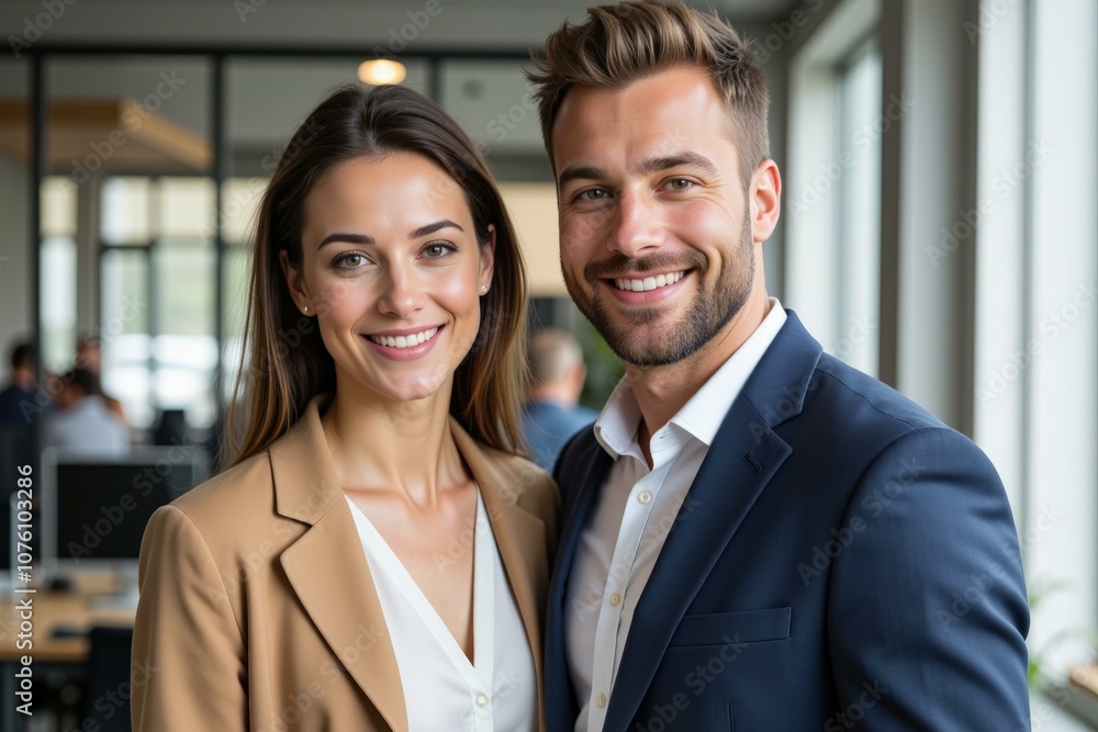 Professional Business Couple Smiling in Modern Office Setting, Perfect for Corporate Marketing or Business Branding Professional Business Couple Smiling in Modern Office Setting, Perfect for Corporate Marketing or Business Branding