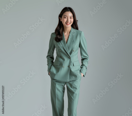 a light plastel green suit, an Asian businesswoman stands confidently in a soft and solid pastel plain background, her calm demeanor perfect for professional environments. photo