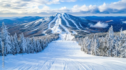 Snowy Mountain Landscape with Ski Slopes and Trees