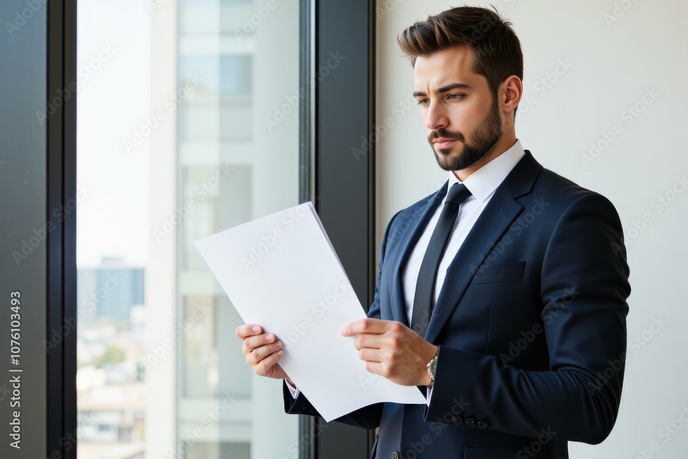 Professional Businessman Holding Document in Office Setting, Ideal for Corporate Branding, Marketing, and Business Presentations Professional Businessman Holding Document in Office Setting, Ideal for Corporate Branding, Marketing, and Business Presentations