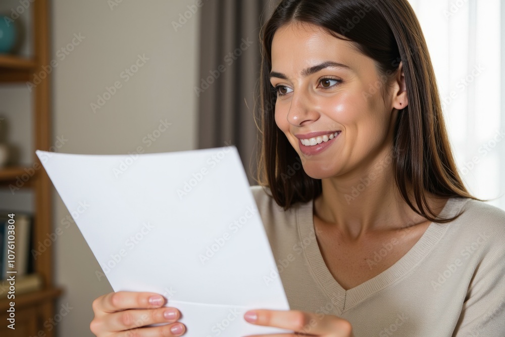 Smiling Woman Holding Paper in Living Room: Perfect for Greeting Cards, Invitations, and Motivational Posters Smiling Woman Holding Paper in Living Room: Perfect for Greeting Cards, Invitations, and Motivational Posters