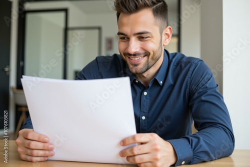 Happy Young Man Using Laptop in Modern Office Setting, Perfect for Business and Technology Websites