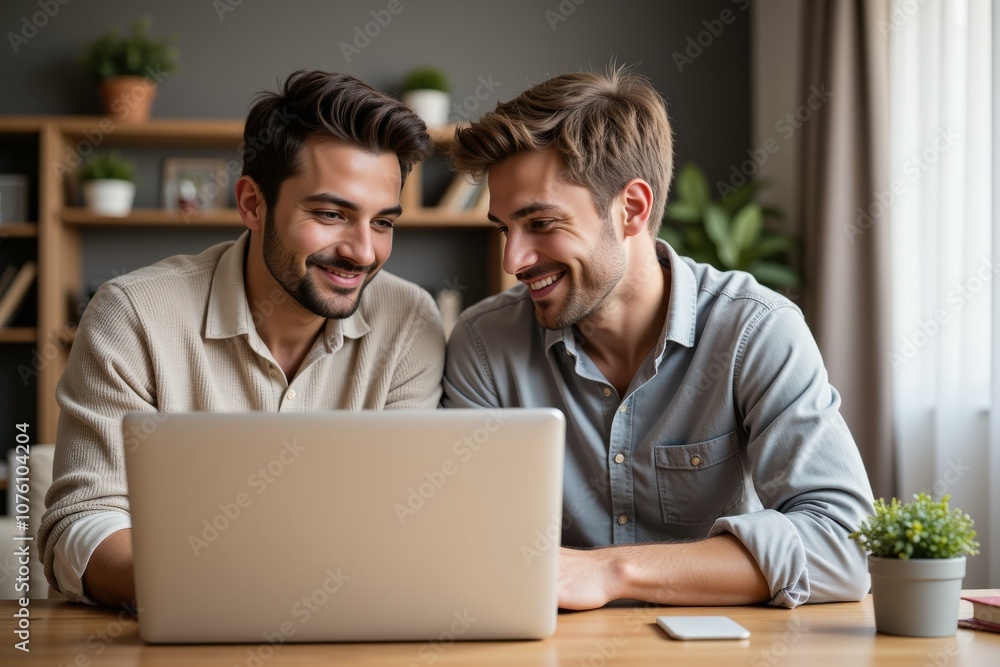Two Men Working Together on Laptop in Cozy Home Office Setting, Ideal for Business and Collaboration Concepts Two Men Working Together on Laptop in Cozy Home Office Setting, Ideal for Business and Collaboration Concepts