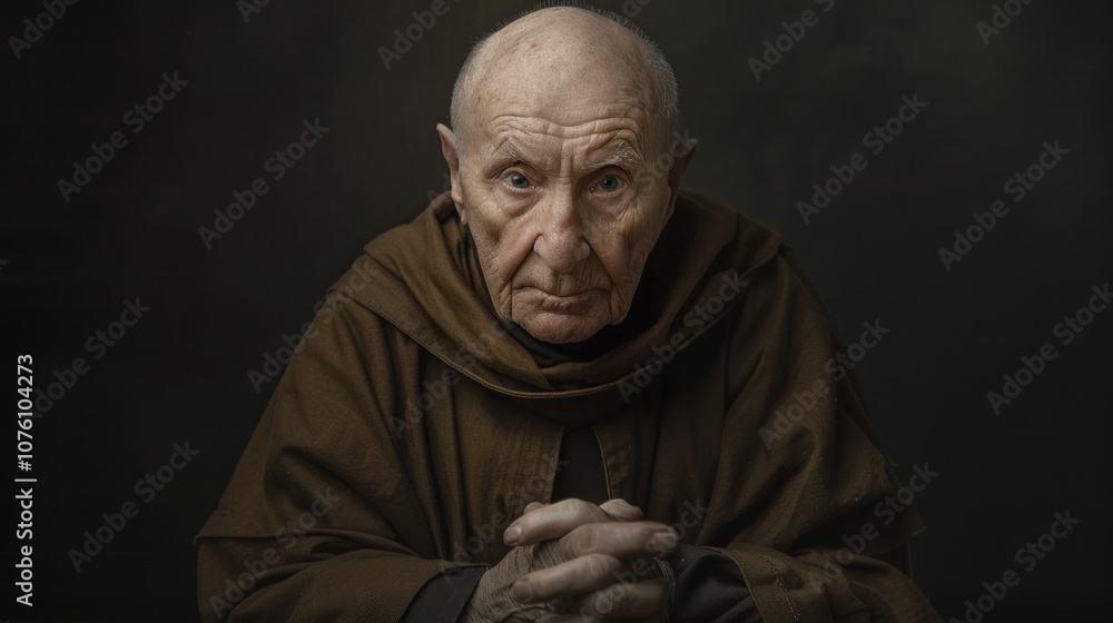 A missionary elder with a serene expression and clasped hands sits against a plain dark background, exuding calm and contemplation A missionary elder with a serene expression and clasped hands sits against a plain dark background, exuding calm and contemplation