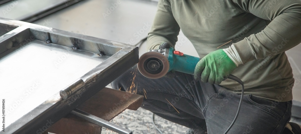 Worker using angle grinder. Cutting detail of iron gate Worker using angle grinder. Cutting detail of iron gate