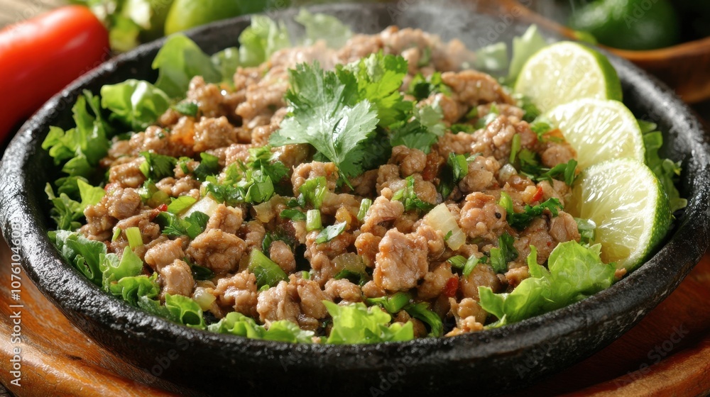 Sizzling Meat Dish with Fresh Ingredients and Lime Wedges Sizzling Meat Dish with Fresh Ingredients and Lime Wedges