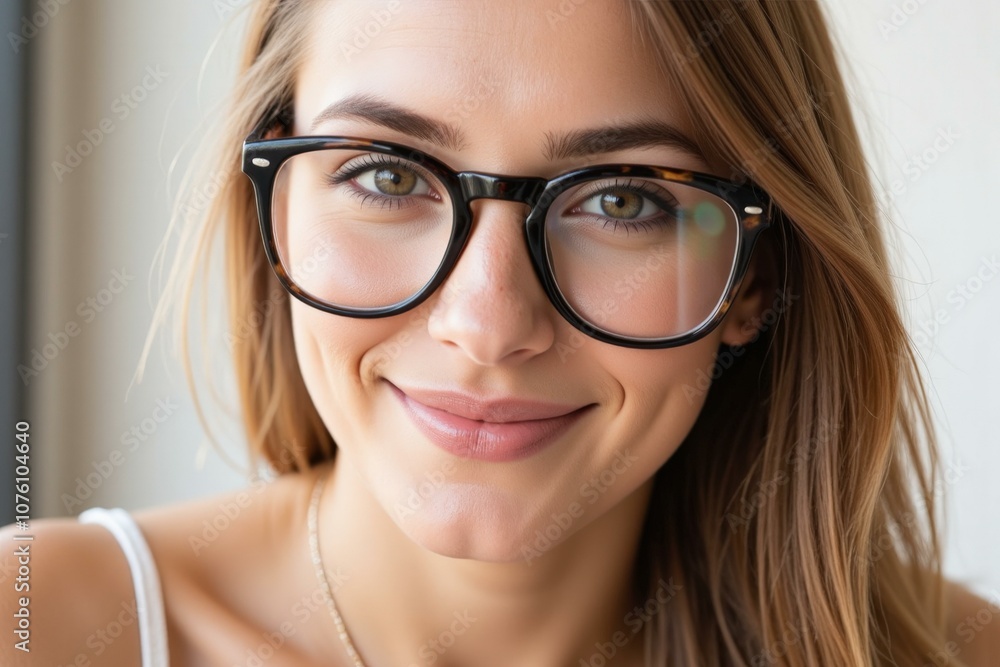 Stylish Young Woman with Glasses Smiling Confidently Perfect for Advertising Eyewear and Beauty Products Stylish Young Woman with Glasses Smiling Confidently Perfect for Advertising Eyewear and Beauty Products
